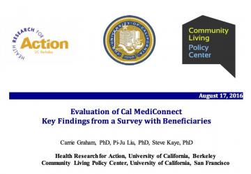 Upper part of the first page of the publication, with logos of the Health Research for Action Center, the University of California, and the Community Living Policy Center