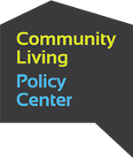 Logo of the Community Living Policy Center:  The Center's name in green and blue text on a black background, which forms a thought bubble in the shape of a house.