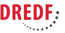 The logo of DREDF, with the organizations initials in red above a semi-circle of black dots of increasing size