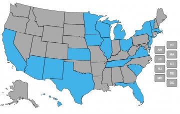 A map of the U.S. showing states with managed LTSS programs in blue and the other states in gray.