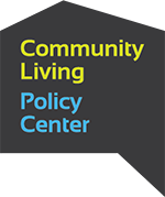 Logo of the Community Living Policy Center: The Center's name in green and blue text on a black background, which forms a thought bubble in the shape of a house.